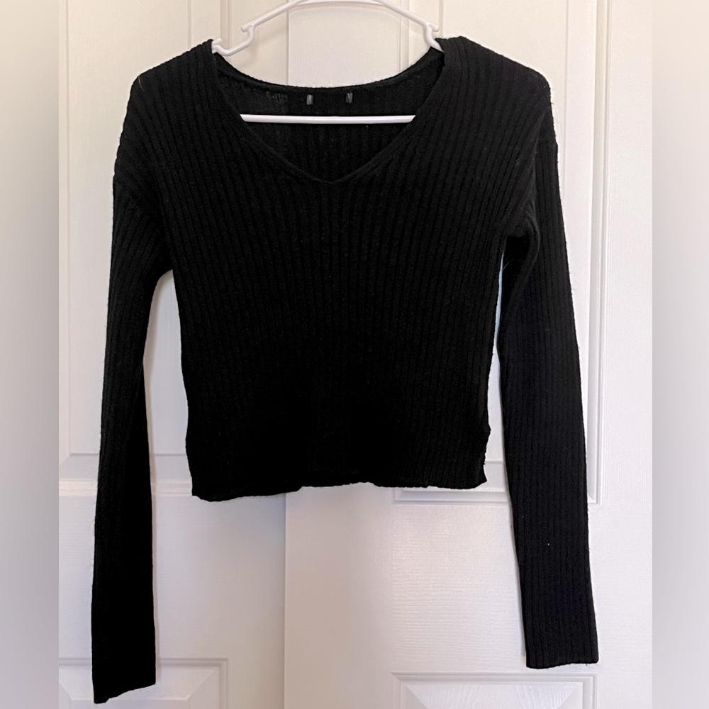 Black V-Neck Ribbed Sweater